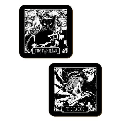 Set of four square monochrome coasters featuring The witch, The cauldron, The familiar and The faerie