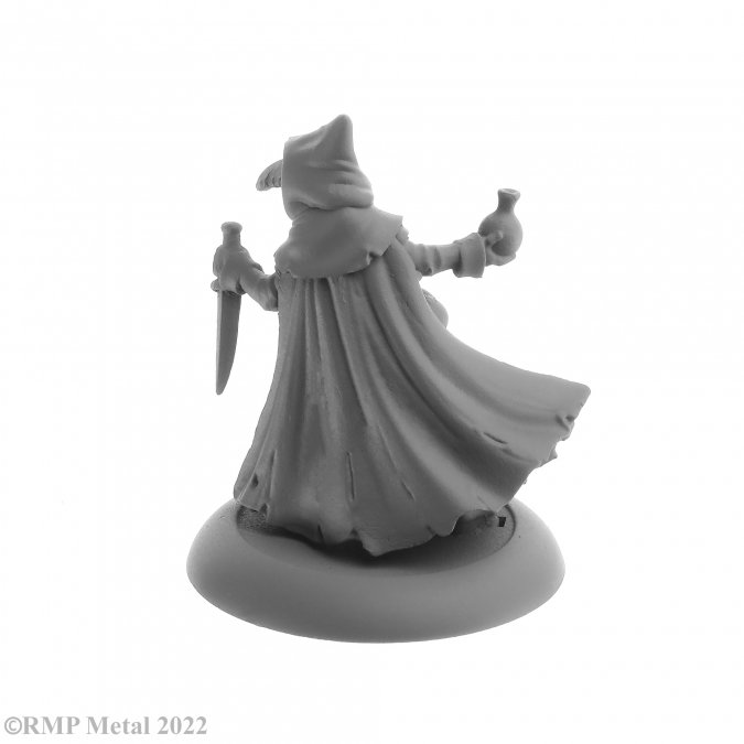 Sister Hazel Plague Doctor from the Dark Heaven Legends metal range by Reaper Miniatures, wearing the traditional long mask of a plague Dr this female alchemist carries a blade in one hand and a potion bottle in the other