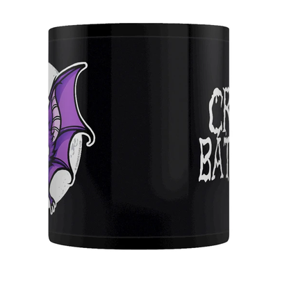 A black mug featuring a cute purple bat flying in front of a full moon and the words Crazy Bat Lady 