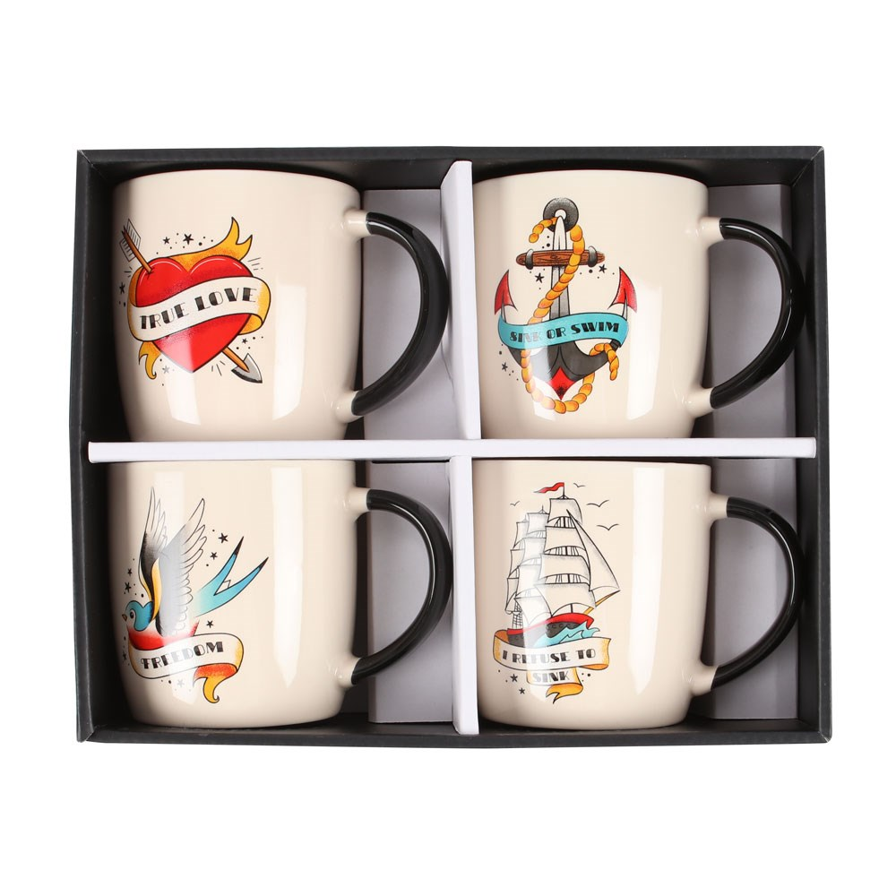 Set Of 4 Tattoo Style Mugs