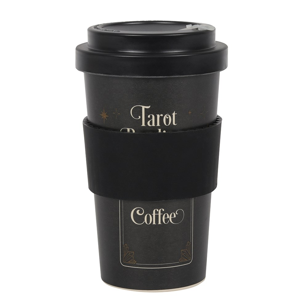 ravel mug with a tarot card design and the words Tarot Readings with a mystical style coffee card