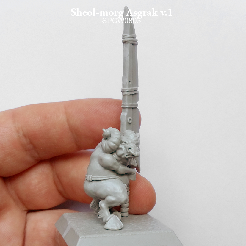 Sheol-morg Asgrak v.1 by Spellcrow is a resin miniature by Spellcrow. This minotaur holding a gigantic sword with a slightly disgruntled look on its face, a loin cloth as clothing shown here held in the hand