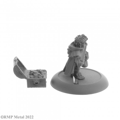 Stitch Thimbletoe from the Dark Heaven Legends metal range by Reaper Miniatures sculpted by Bobby Jackson.  A halfling thief rogue holding a sword and money bag with a treasure chest for your table top. 