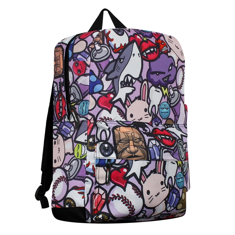 A super cute and funky backpack covered in colourful characters from vampire lips to sharks, lightening cloud to bunny and lots more in between