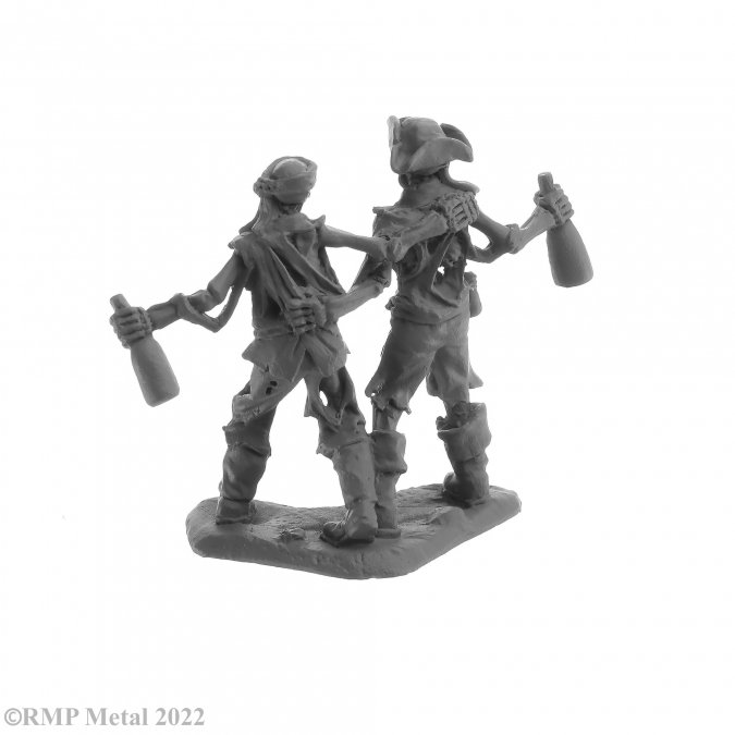 Drunken Skeletons from the Dark Heaven Legends metal range by Reaper Miniatures sculpted by Bob Ridolfi. Two skeleton crew mates with a bottle each in hand and holding each other