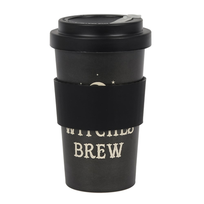 travel mug in a stippled black colour with a crescent moon and star design and the words 'Witches Brew', topped with a black lid and black sleeve