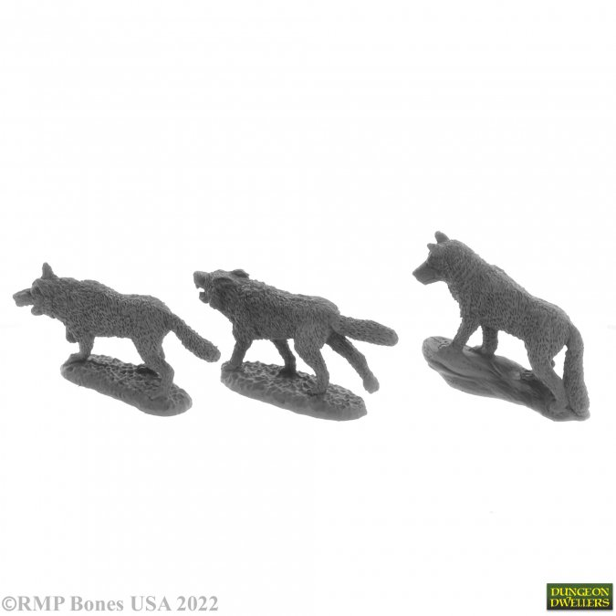 A set of 3 Wolf Pack from the Bones USA Dungeons Dwellers range by Reaper Miniatures. This pack contains three plastic wolves in various poses