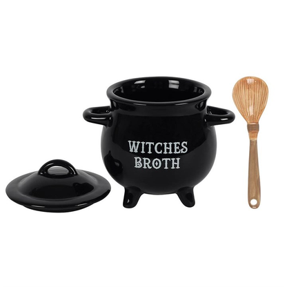 witches broth cauldron shaped soup bowl with a spoon designed to look like a witches broom. lid to one side