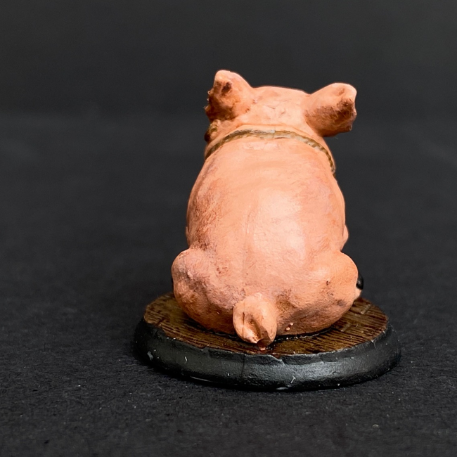 Hand painted pig with a barrel from the Reaper Miniatures range. Mrs MLG has painted this cute little pig with pink colouring, gold earing and black hooves.