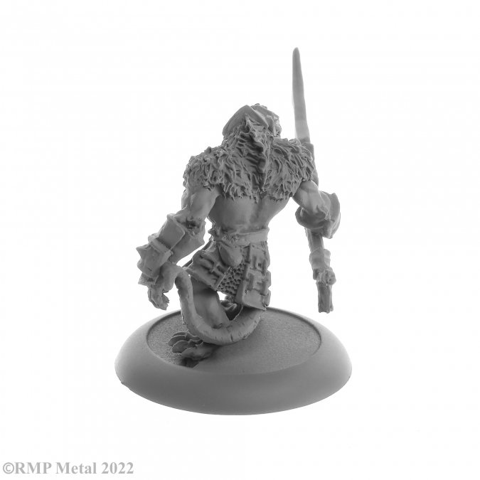 Wererat Boss from the Dark Heaven Legends metal range by Reaper Miniatures sculpted by Ben Siens.  A metal wererat miniature holding a sword and wearing armour