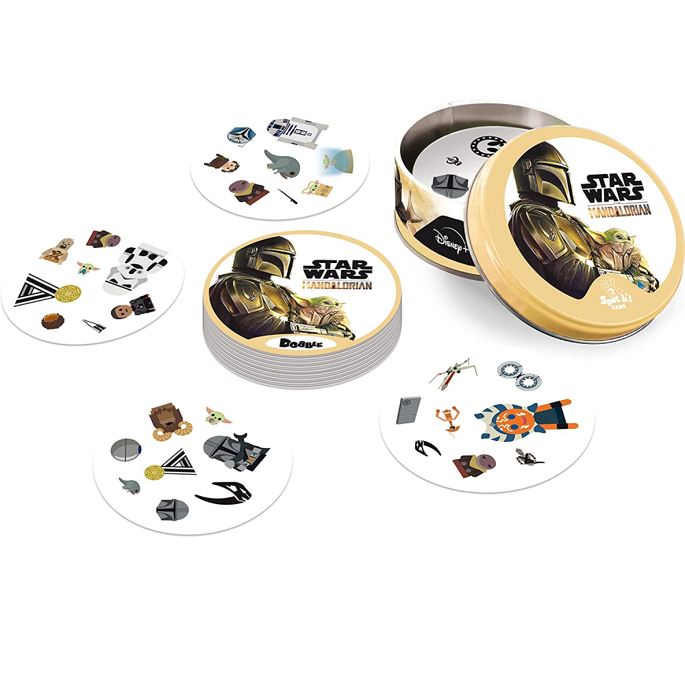 Dobble Star Wars Mandalorian with the cards out of  the tin