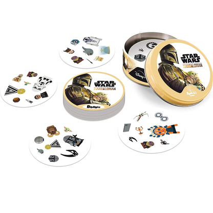 Dobble Star Wars Mandalorian with the cards out of  the tin