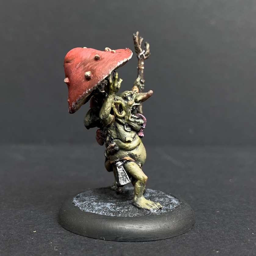 Hand painted Shabaroon from the Moonstone Mushroom and Mayhem range. Mrs MLG has painted this goblin in a green colour scheme with red mushrooms.