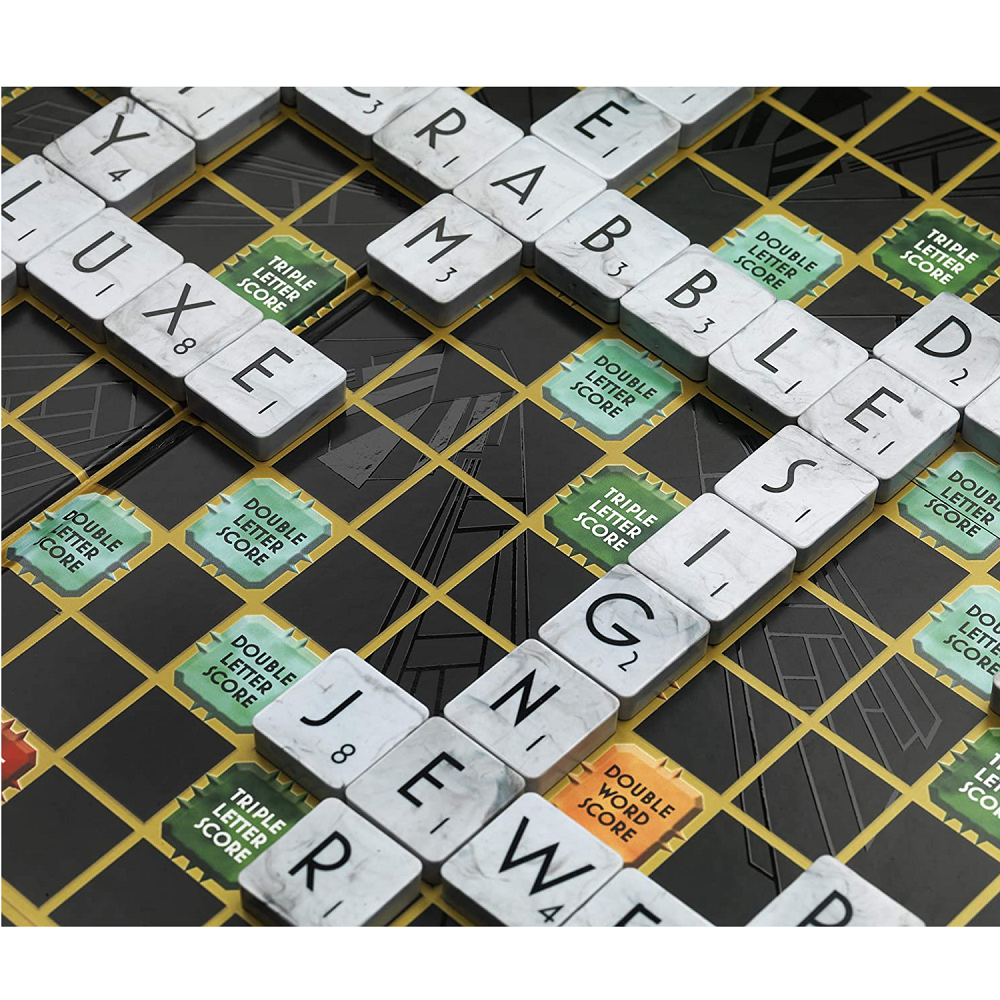 Scrabble Art Deco Edition close up of the tiles on the board 