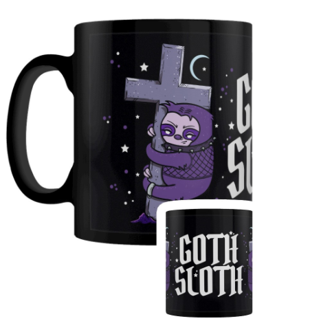 A black mug featuring a purple, ...