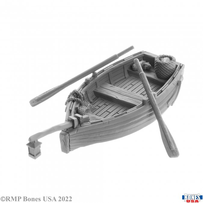 30057 Boat -Bones USA.  wooden boat with oars and a basket of fish 