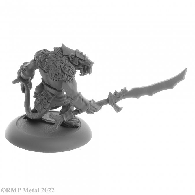 Wererat Boss from the Dark Heaven Legends metal range by Reaper Miniatures sculpted by Ben Siens.  A metal wererat miniature holding a sword and wearing armour