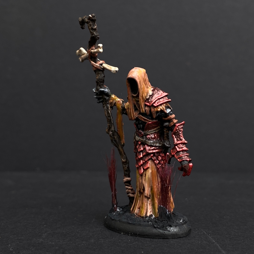 Hand painted necromancer from the Reaper Miniatures range. Mrs MLG has hand painted this undead miniature that has armour on one arm and bandages on the other. It also has long tufts on the base.  