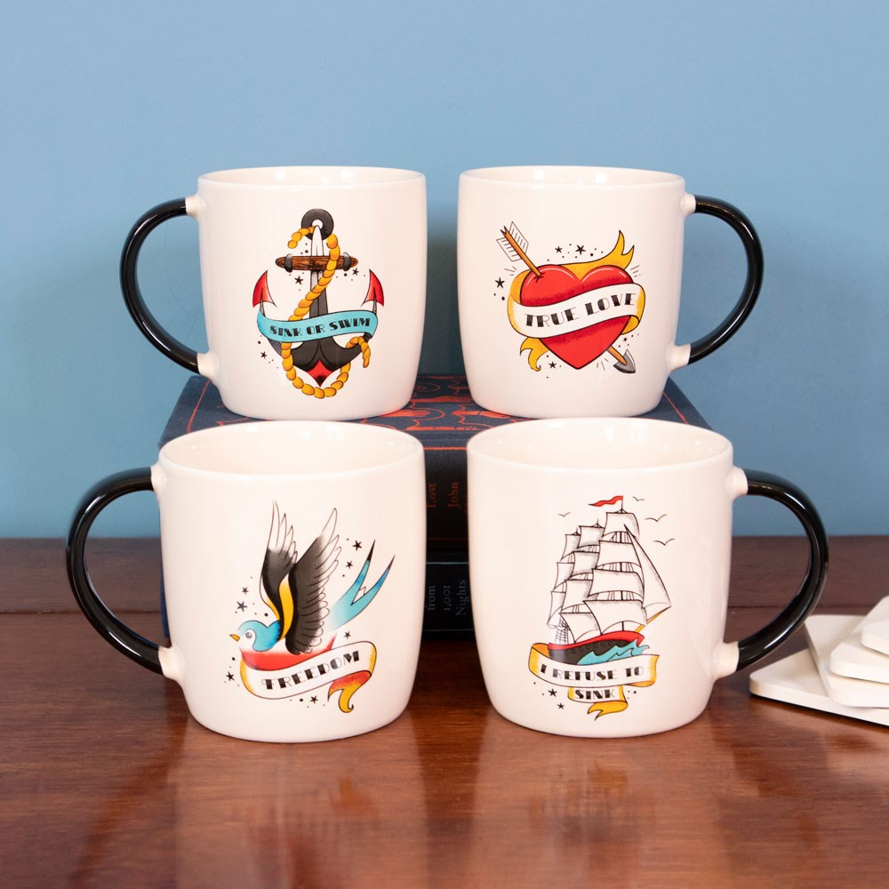 Set Of 4 Tattoo Style Mugs