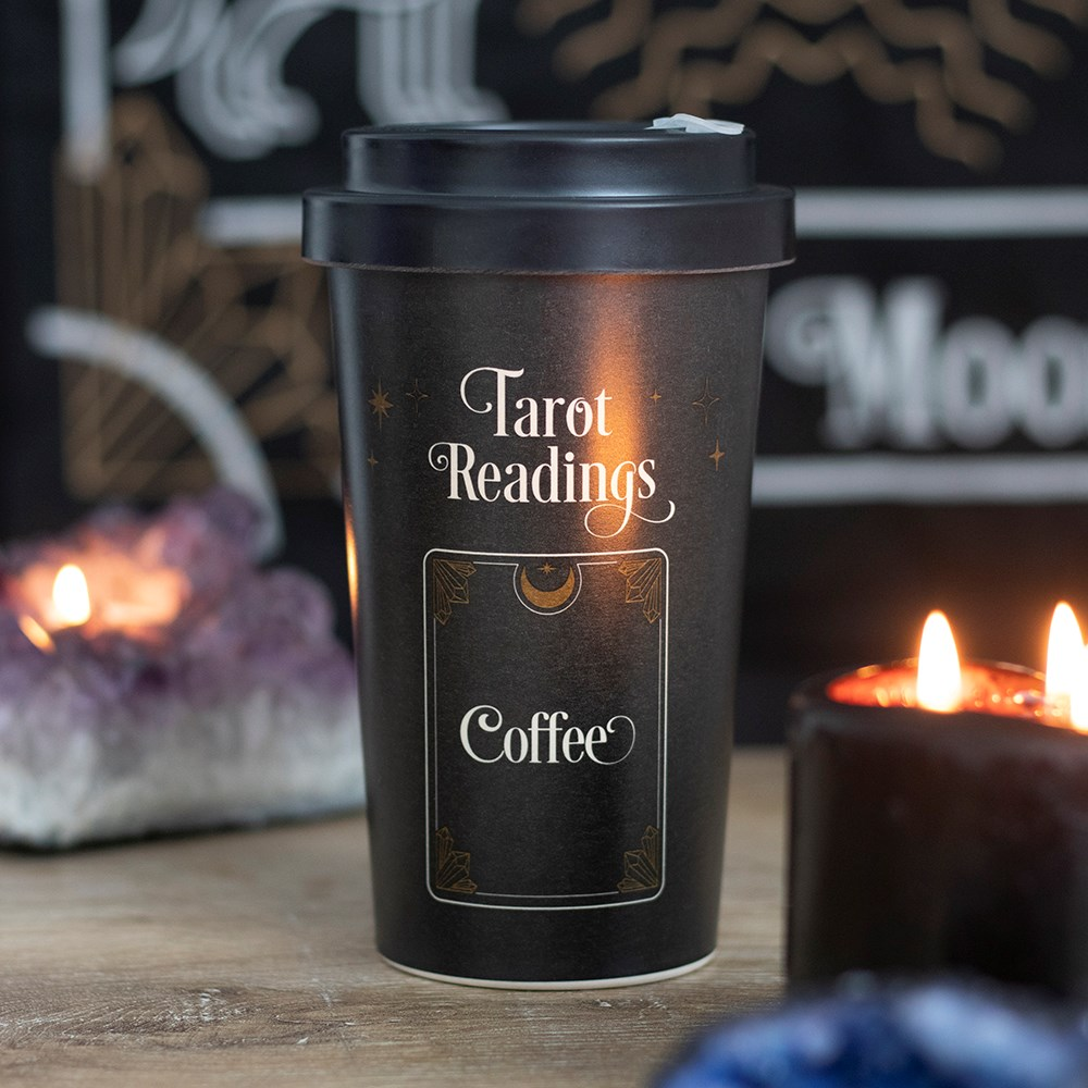 ravel mug with a tarot card design and the words Tarot Readings with a mystical style coffee card