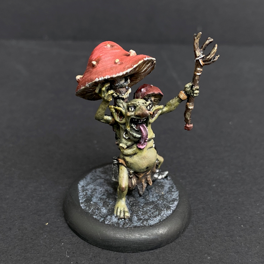 Hand painted Shabaroon from the Moonstone Mushroom and Mayhem range. Mrs MLG has painted this goblin in a green colour scheme with red mushrooms.