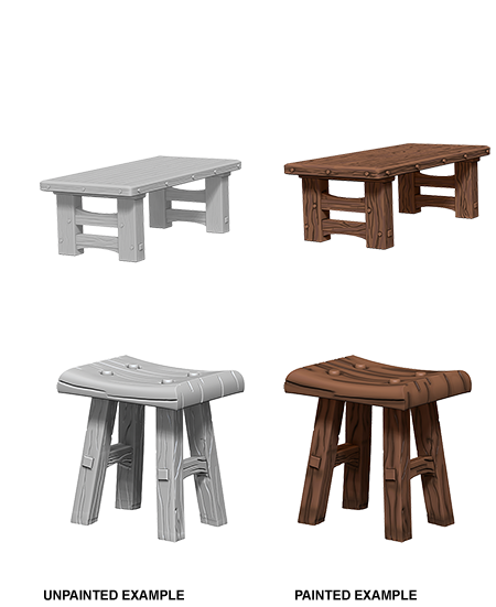 WizKids Deep Cuts Unpainted Miniatures: Wooden Table & Stools 72593: www.mightylancergames.co.uk