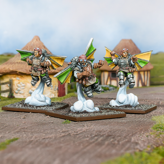 Halfling Ej Grenadiers Regiment for Kings of War by Mantic Games. This set of three miniatures are using mechanical flying machines 