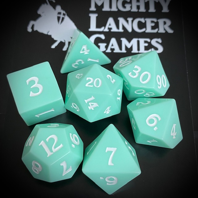 Sharp Edge Mint Cream Poly Dice Set. RPG D20 sharp edge dice set